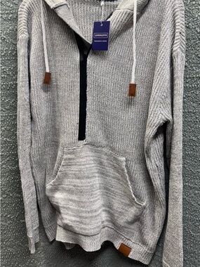 Source Unknown Light Gray Knit Half-Zip Hoodie Sweater with Brown Accents